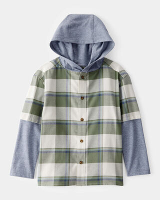 Product image 1 of Kid Plaid Layered-Look Button-Down Hooded Tee - Green