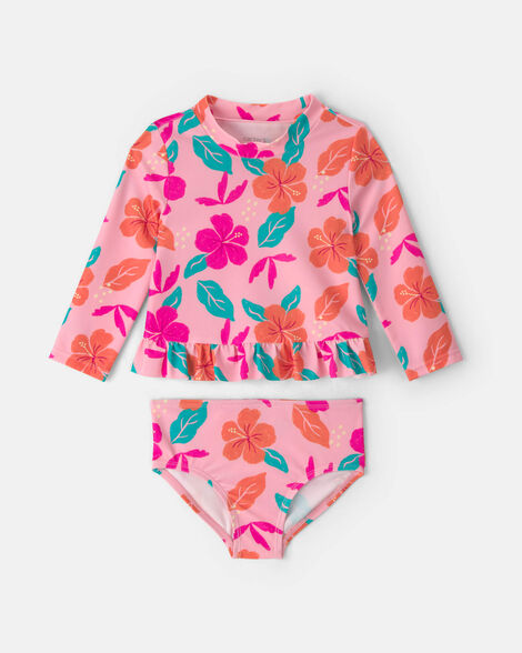 baby girl 2-piece floral rashguard swimsuit set - pink/orange