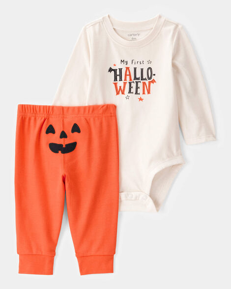 baby 2-piece my first halloween long-sleeve bodysuit pant set - ivory/orange