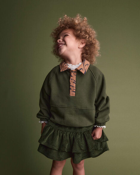 Toddler Girl Leopard Collar Pullover Sweatshirt - Olive