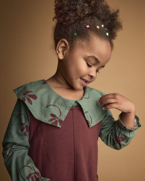 Toddler Girl Peter Pan Collar Top in Floral Print - Sage