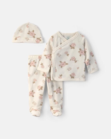 baby girl 3-piece floral long-sleeve top & pant set - ivory