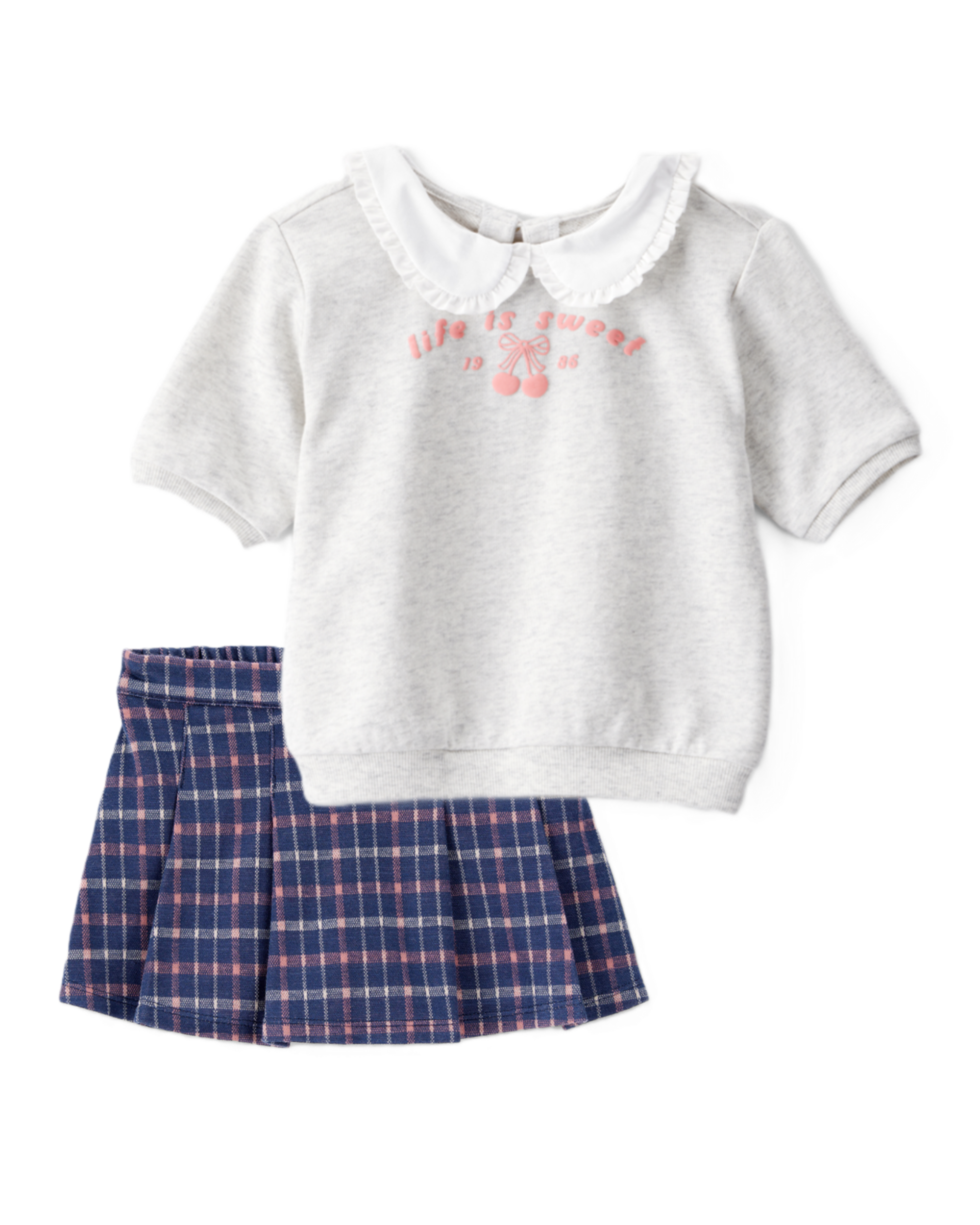 Baby Girl 2-Piece French Terry Tee & Plaid Knit Skirt Set - Grey/Navy