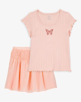 Product image 1 of Kid 2-Piece Butterfly Pointelle Tee & Chiffon Skirt Set - Pink