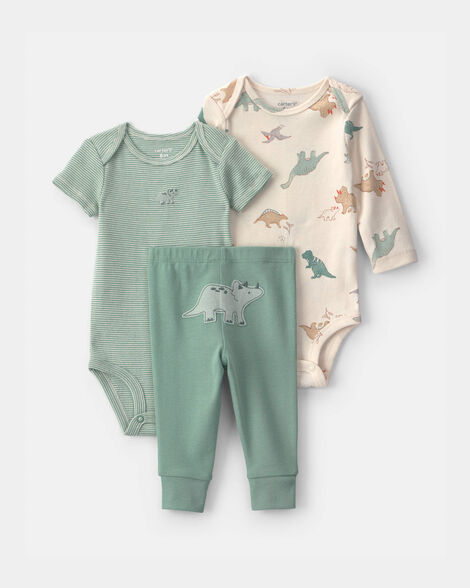 baby boy 3-piece dinosaur bodysuit & pant set - green/ivory