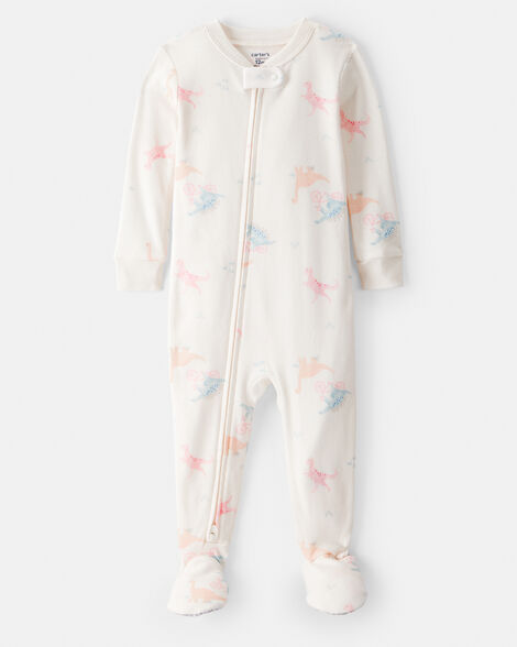 toddler girl dinosaur 100% cotton long-sleeve 1-piece pajamas - white
