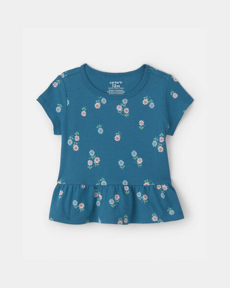 baby girl floral relaxed peplum top - blue