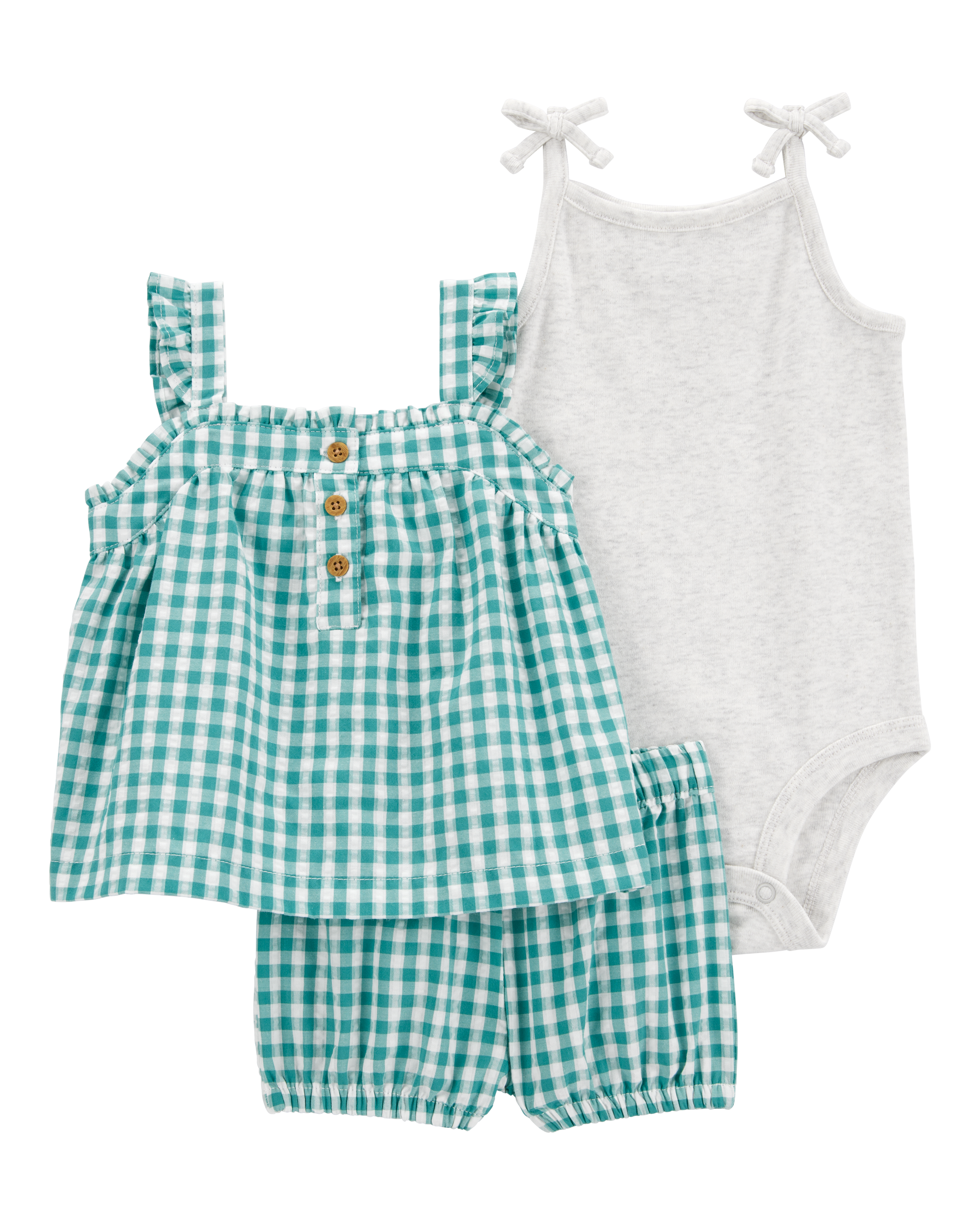 Baby Girl 3-Piece Gingham Outfit Set - Green/Grey