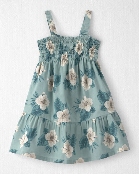 Toddler Girl Smocked Linen Dress Made with Organic Cotton in Blue Hibiscus
