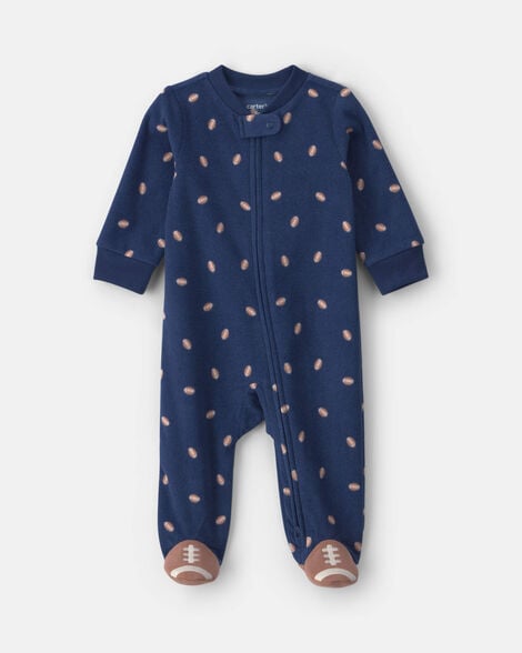 baby boy football fleece 2-way zip sleep & play pajamas - navy blue