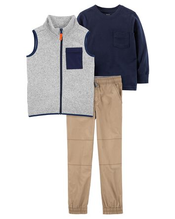 Kid 3-Piece Zip-Up Sherpa Vest Tee & Pants Set