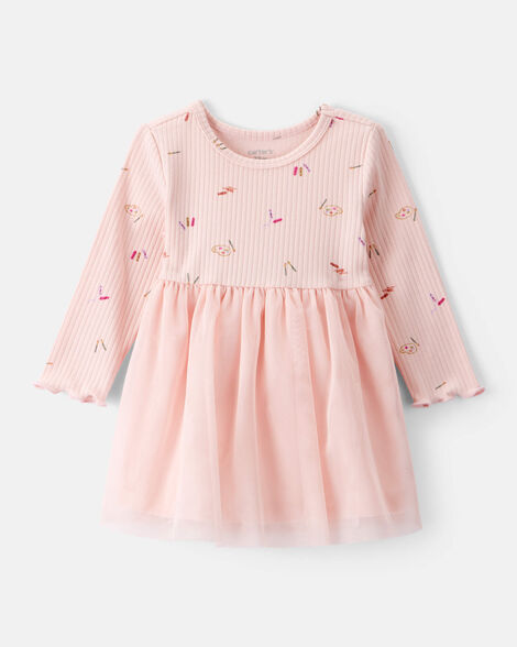 baby girl heart print long-sleeve dress - pink