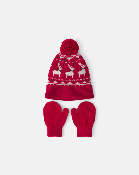 toddler 2-piece fair isle christmas beanie & glove set - red