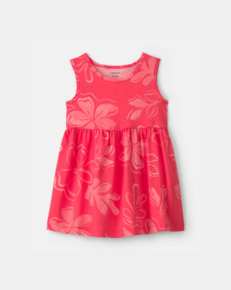 toddler girl tropical floral sleeveless dress - coral