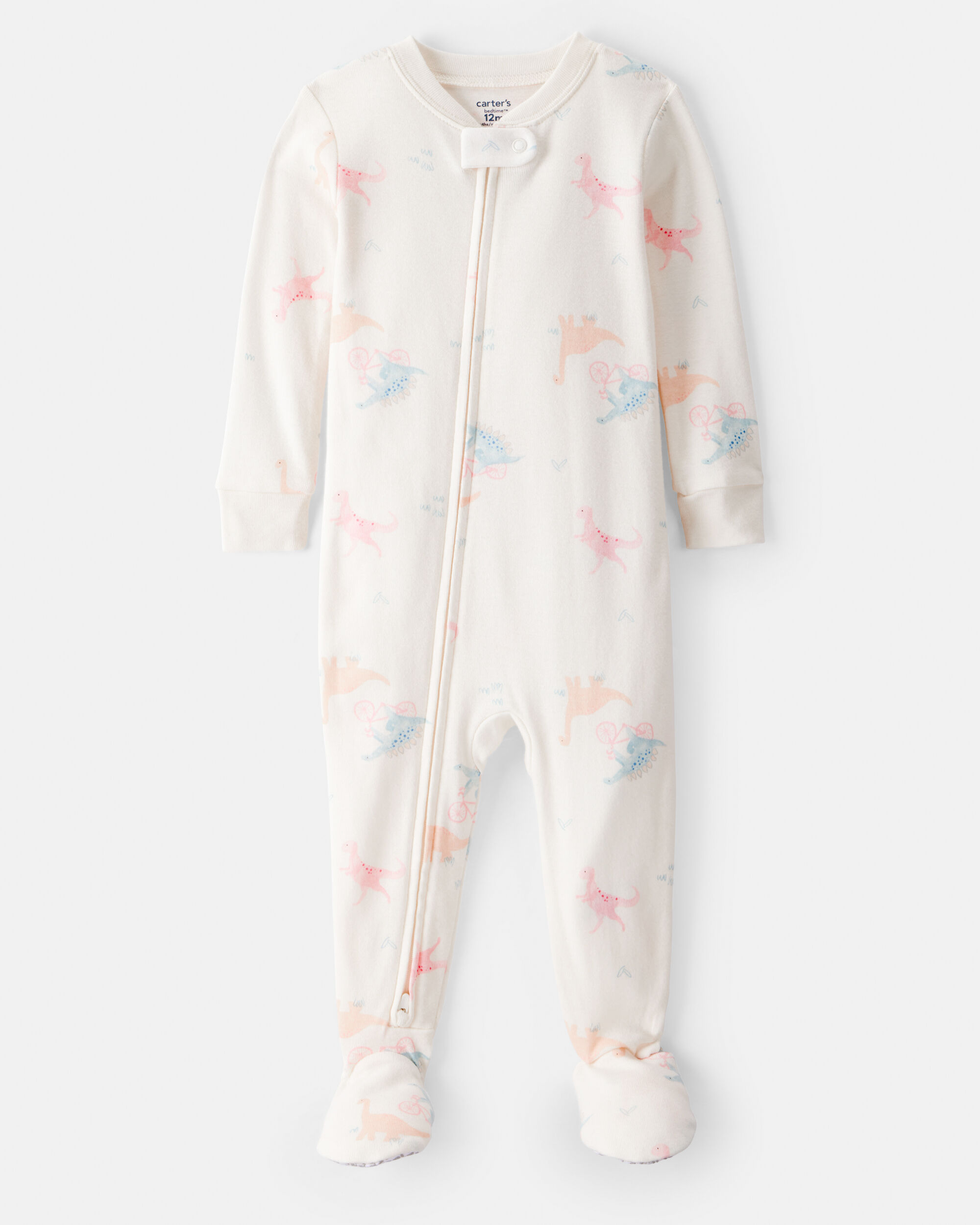 Toddler Girl Dinosaur Print 100% Cotton Long-Sleeve 2-Way Zip 1-Piece Pajamas - White