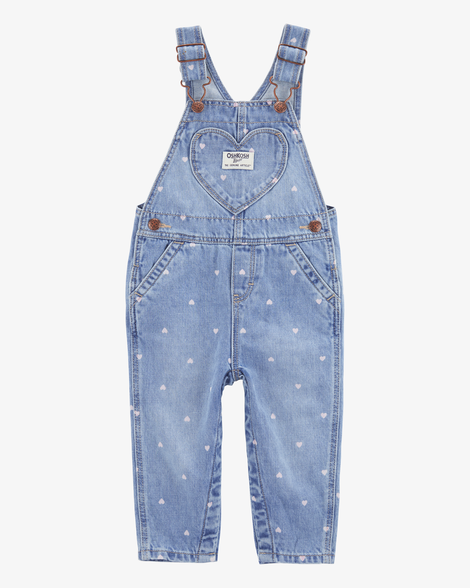 Baby Heart Print Denim Overalls - Blue