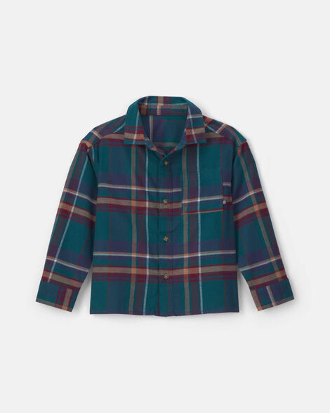 Boys Plaid Flannel Button-Down Shirt - Green/Blue/Brown