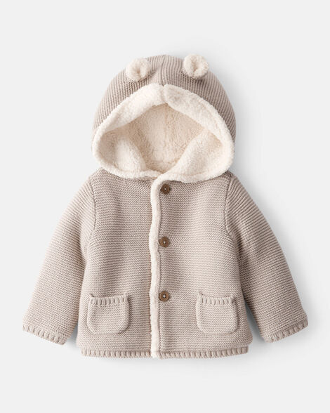 baby sherpa lined cotton long-sleeve jacket - brown