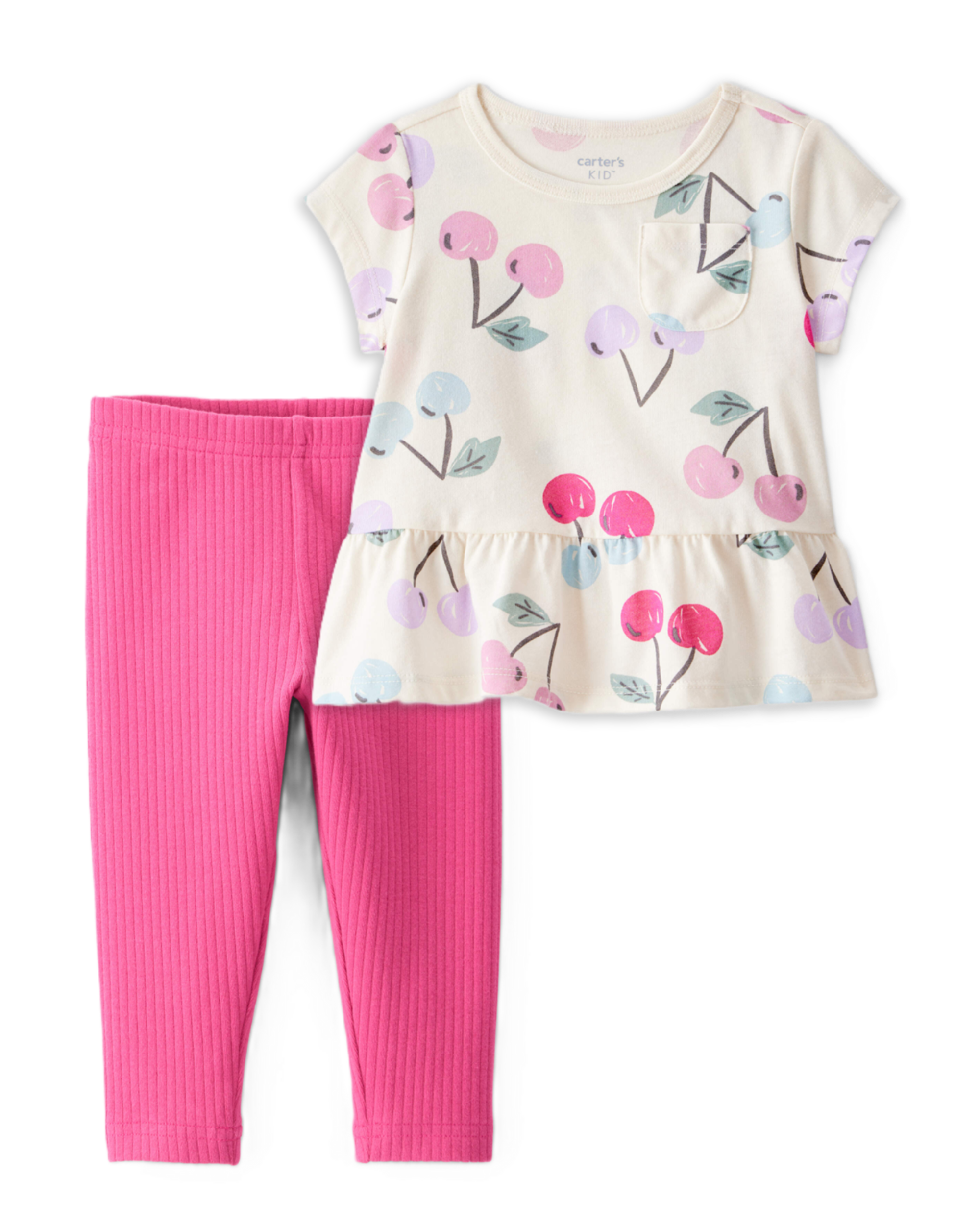 Baby Girl 2-Piece Cherry Print Peplum Top & Solid Stretch Leggings Set - Ivory/Pink