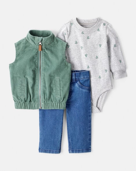 baby boy 3-piece corduroy vest, bodysuit & pant set - green