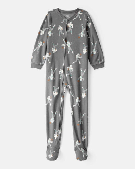 boys football print loose fit long-sleeve zip-up 1-piece pajamas