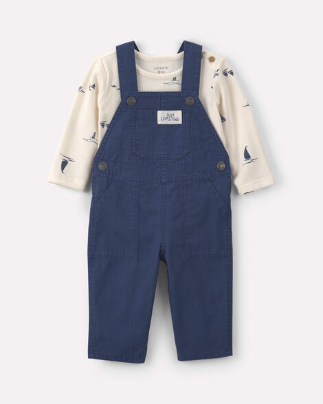 baby boy 2-piece sailboat canvas long-sleeve overall set - navy blue