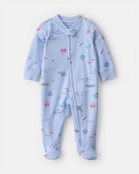 baby sea animals 2-way zip 100% cotton sleep & play pajama - blue