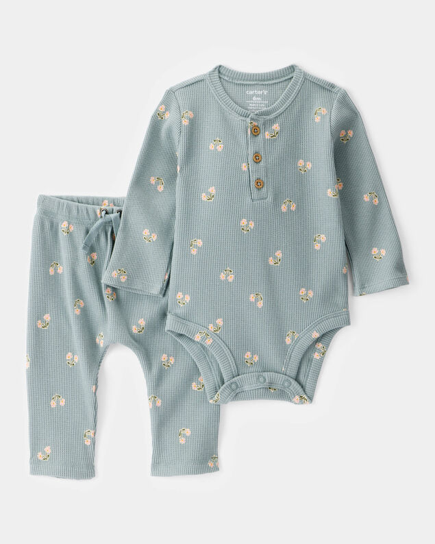 Product image 1 of Baby 2-Piece Floral Waffle Knit Long-Sleeve Bodysuit Pant Set - Green