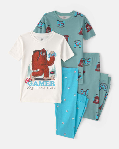 boys bigfoot gamer 100% cotton snug fit 4-piece pajama set - blue/ivory