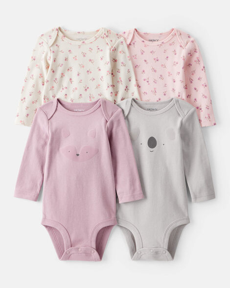 baby girl 4-pack koala print cotton long-sleeve multipack bodysuits - purple/white/pink