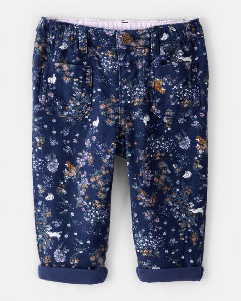 Baby Girl Floral Print Flannel Pants - Navy