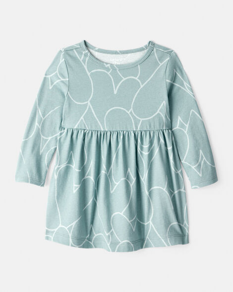 baby girl heart print long sleeve cotton dress - green