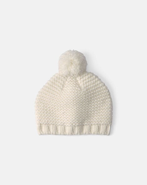 Baby Girl Pom Knit Beanie - White