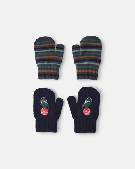 toddler boy 2-pack astronaut dinosaur striped mittens - black/blue