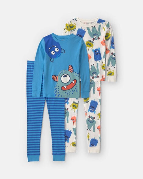 boys 4-piece monster 100% cotton snug fit pajama set - blue