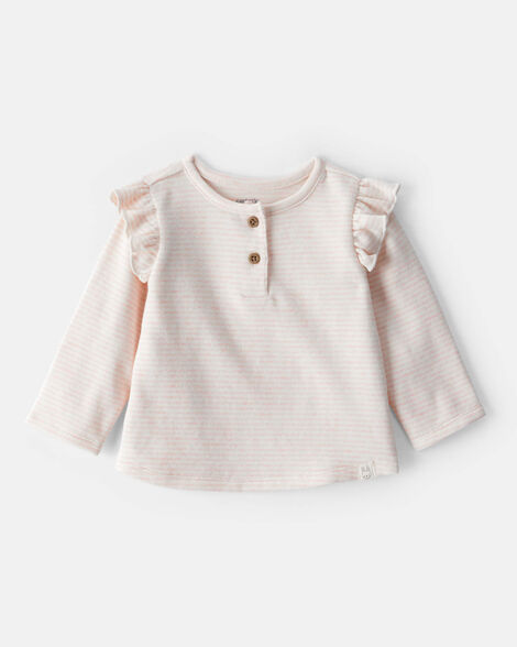 baby girl striped flutter-sleeve long-sleeve top - pink/cream