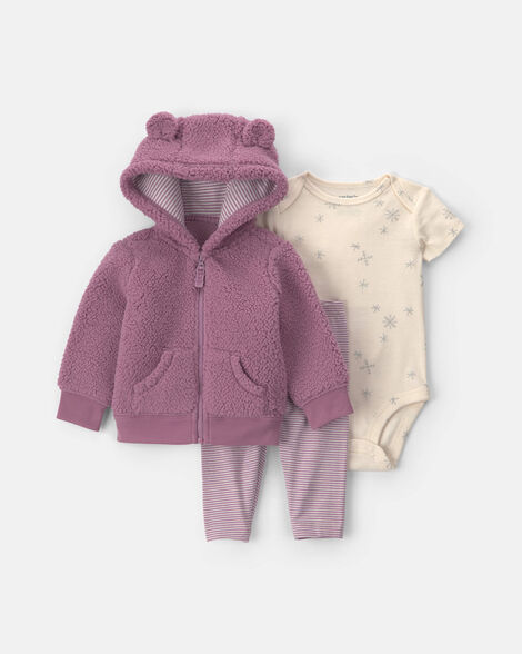 baby girl 3-piece bear teddy fleece layering set - purple
