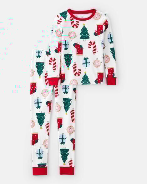 Kid Christmas Print 100% Cotton Long-Sleeve 2-Piece Pajamas - White