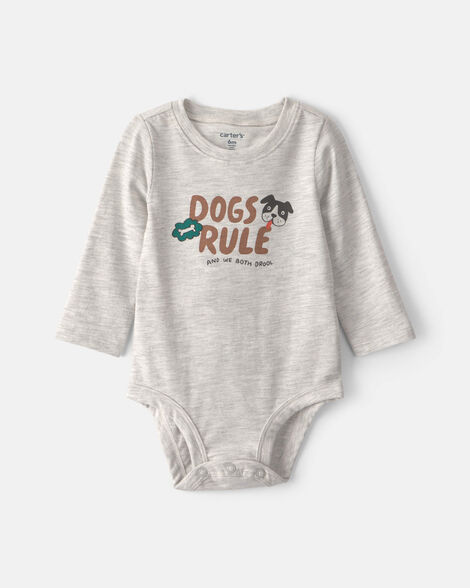 baby 'dogs rule' long-sleeve graphic bodysuit - grey
