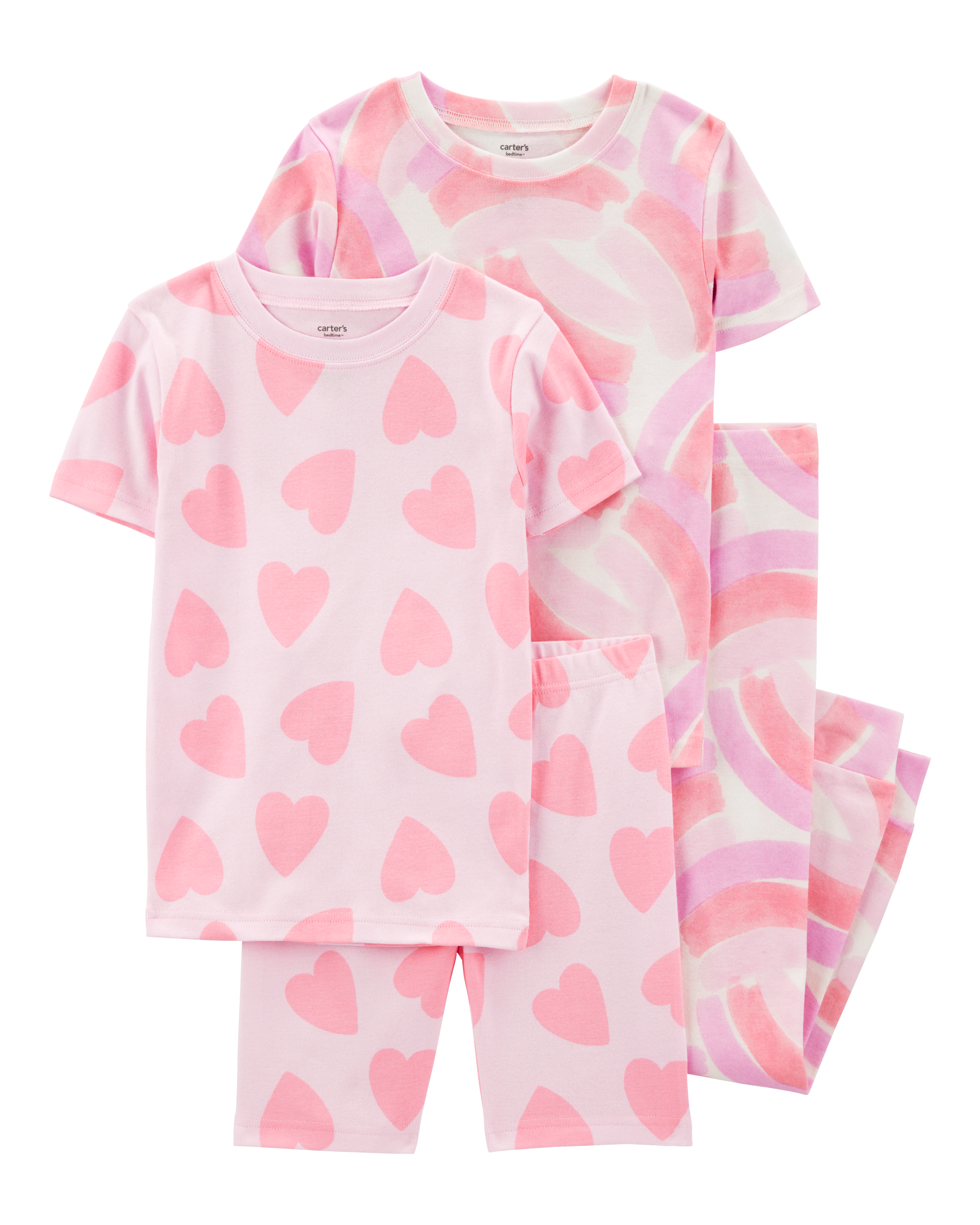 Kid 4-Piece Rainbow Heart 100% Snug Fit Cotton Pajamas - Pink