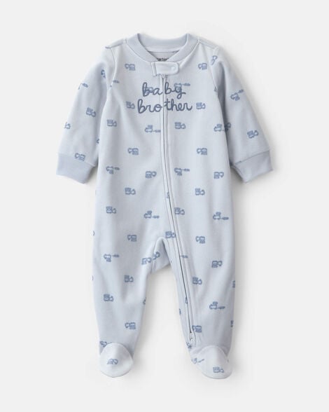 baby boy 'baby brother' fleece 2-way zip sleep & play pajamas - blue
