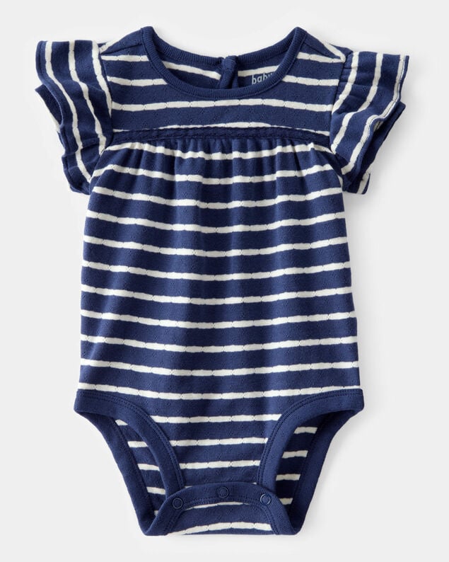 Product image 1 of Baby Pointelle Striped Ruffle  Short-Sleeve Bodysuit - Navy/White