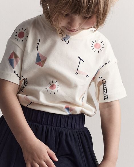 Toddler Short-Sleeve Relaxed Graphic Tee in Park Day Print - Cream