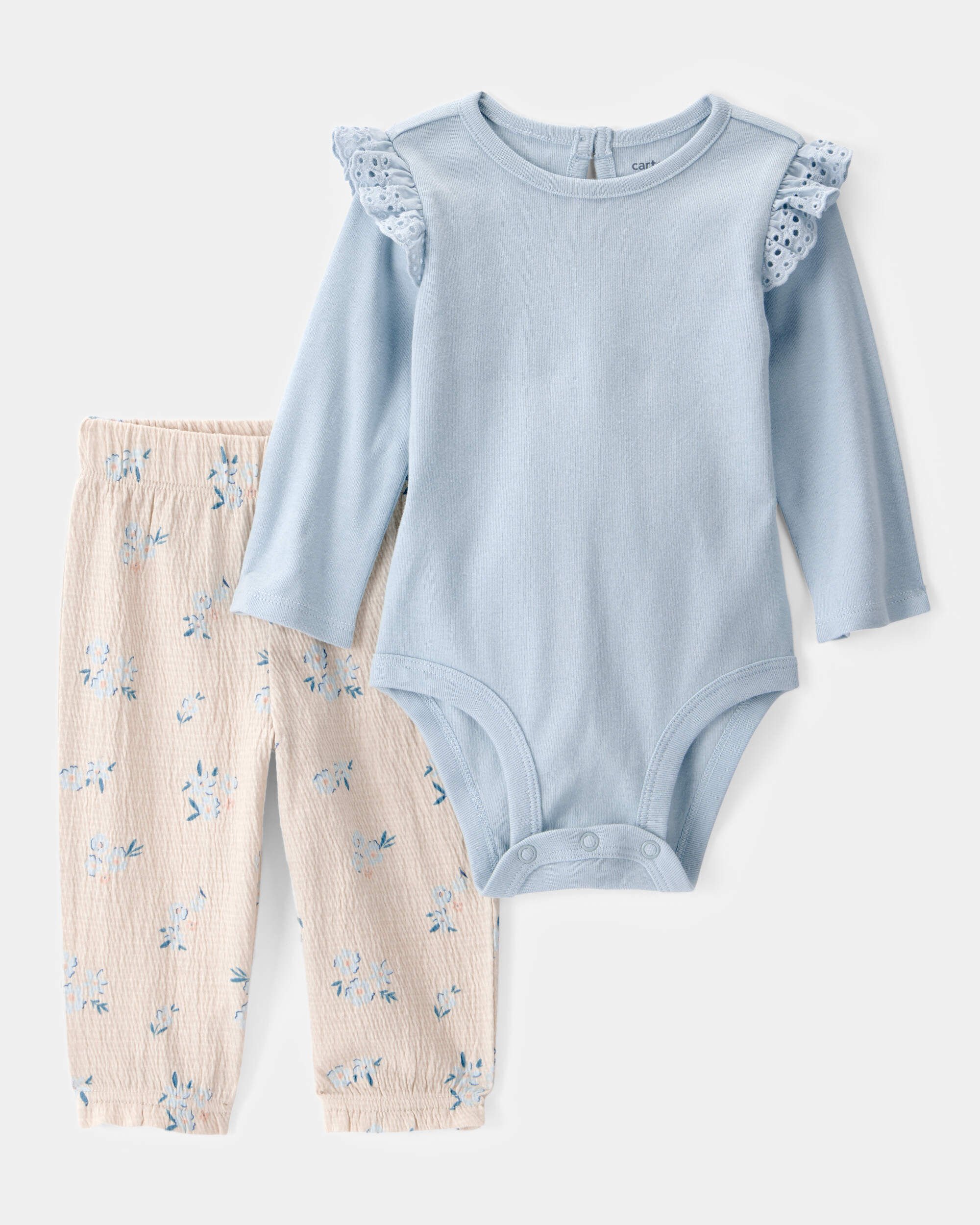 Baby 2-Piece Bodysuit & Floral Pant Set - Blue/Ivory