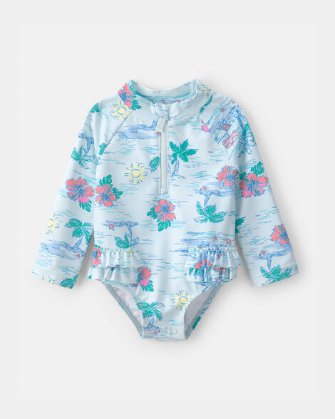 baby girl tropical beach long-sleeve rashguard swimsuit - blue