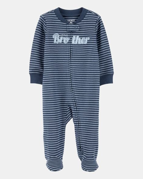 baby boy striped little bro 2-way zip cotton sleep & play pajamas - blue