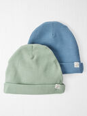 Juniper Moss, Blue - Baby 2-Pack Organic Cotton Rib Caps - Juniper Moss, Blue, Selected