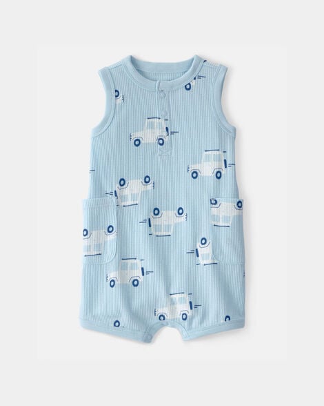 baby boy car waffle-knit sleeveless romper - blue