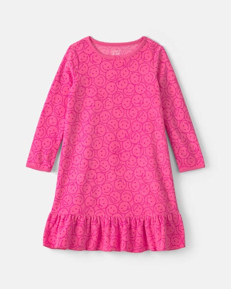 girls smiley face fleece loose fit night gown - pink