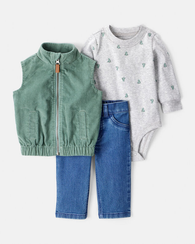 Product image 1 of Baby Boy 3-Piece Corduroy Vest, Bodysuit & Pant Set - Green